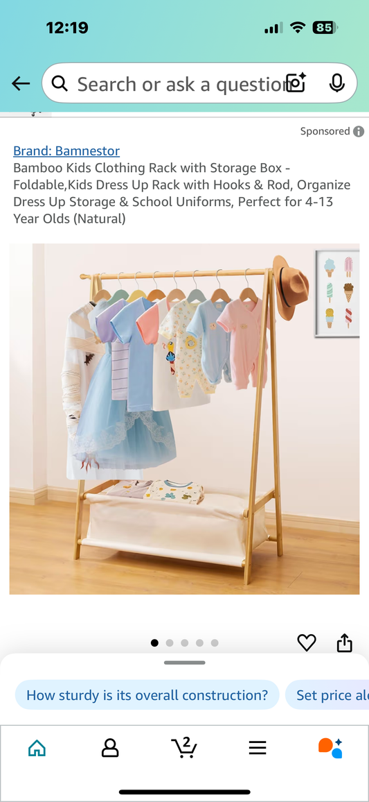 Bamboo Kids Clothing Rack with Storage Box - Foldable,Kids Dress Up Rack with Hooks & Rod, Organize Dress Up Storage & School Uniforms, Perfect for 4-13 Year Olds (Natural