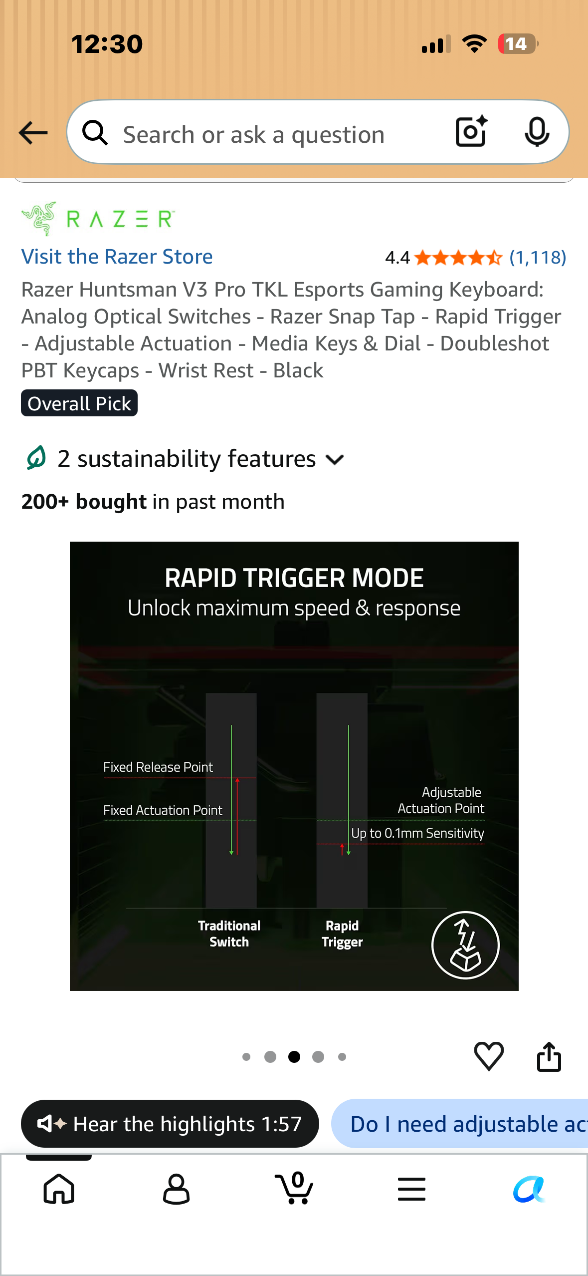Razer Huntsman V3 Pro TKL Esports Gaming Keyboard: Analog Optical Switches - Razer Snap Tap - Rapid Trigger - Adjustable Actuation - Media Keys & Dial - Doubleshot PBT Keycaps - Wrist Rest - Black (Bin 99)