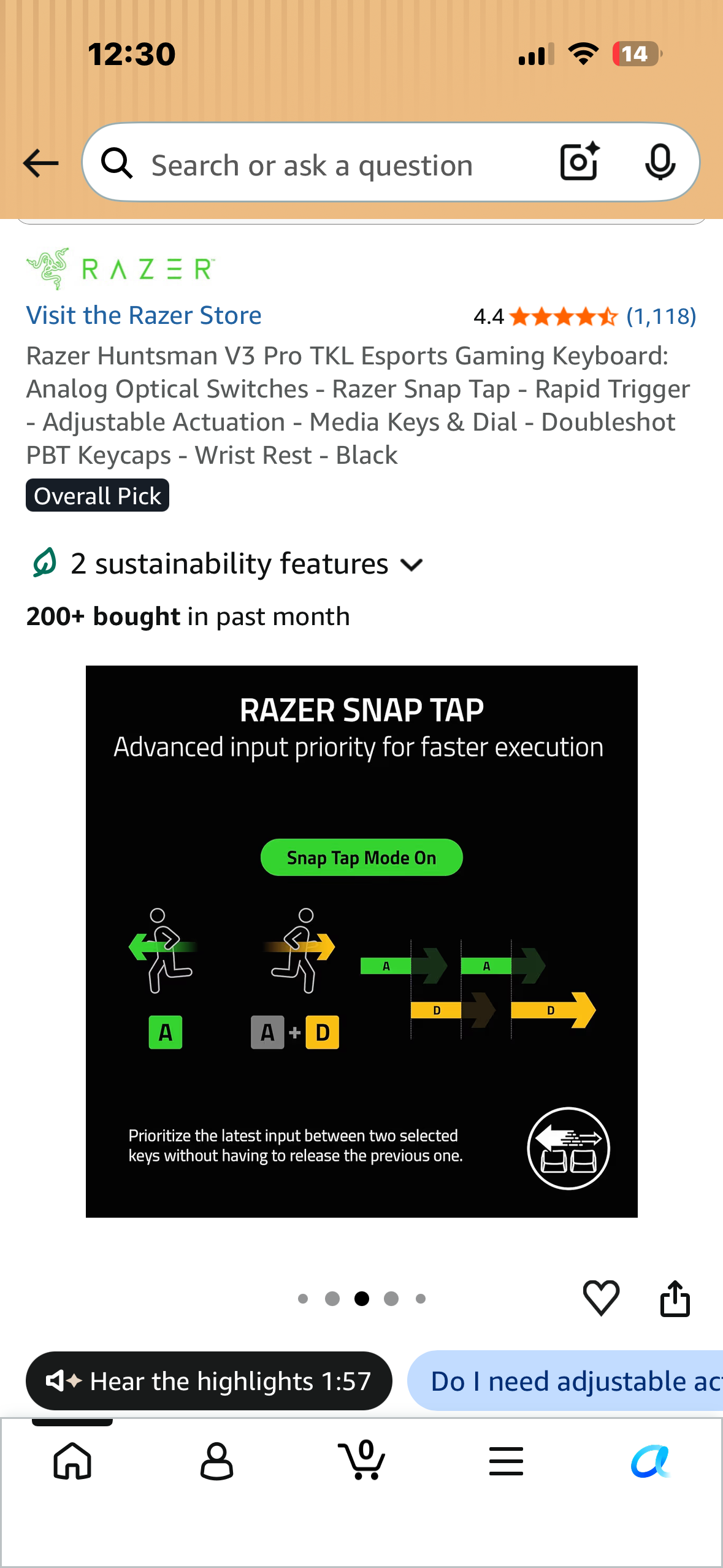 Razer Huntsman V3 Pro TKL Esports Gaming Keyboard: Analog Optical Switches - Razer Snap Tap - Rapid Trigger - Adjustable Actuation - Media Keys & Dial - Doubleshot PBT Keycaps - Wrist Rest - Black (Bin 99)