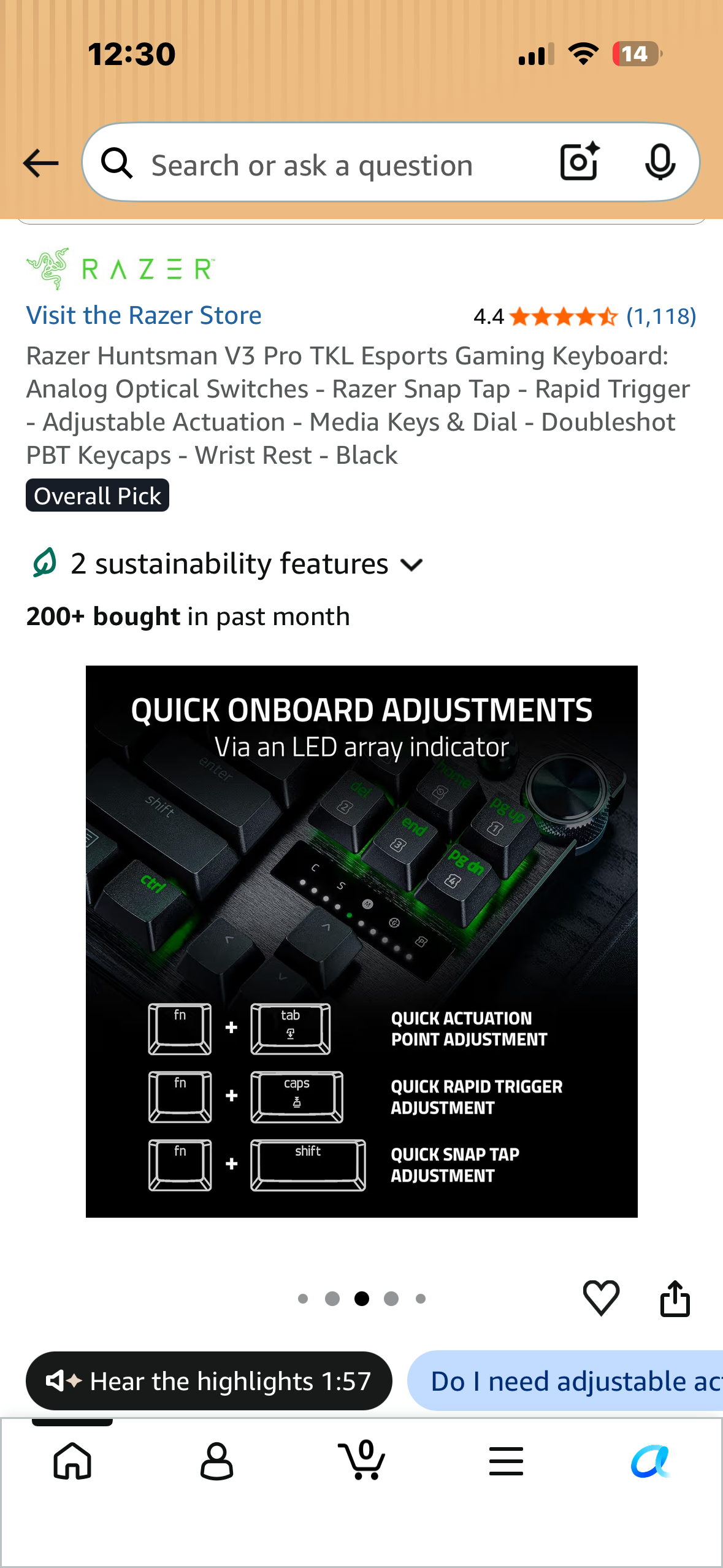 Razer Huntsman V3 Pro TKL Esports Gaming Keyboard: Analog Optical Switches - Razer Snap Tap - Rapid Trigger - Adjustable Actuation - Media Keys & Dial - Doubleshot PBT Keycaps - Wrist Rest - Black (Bin 99)