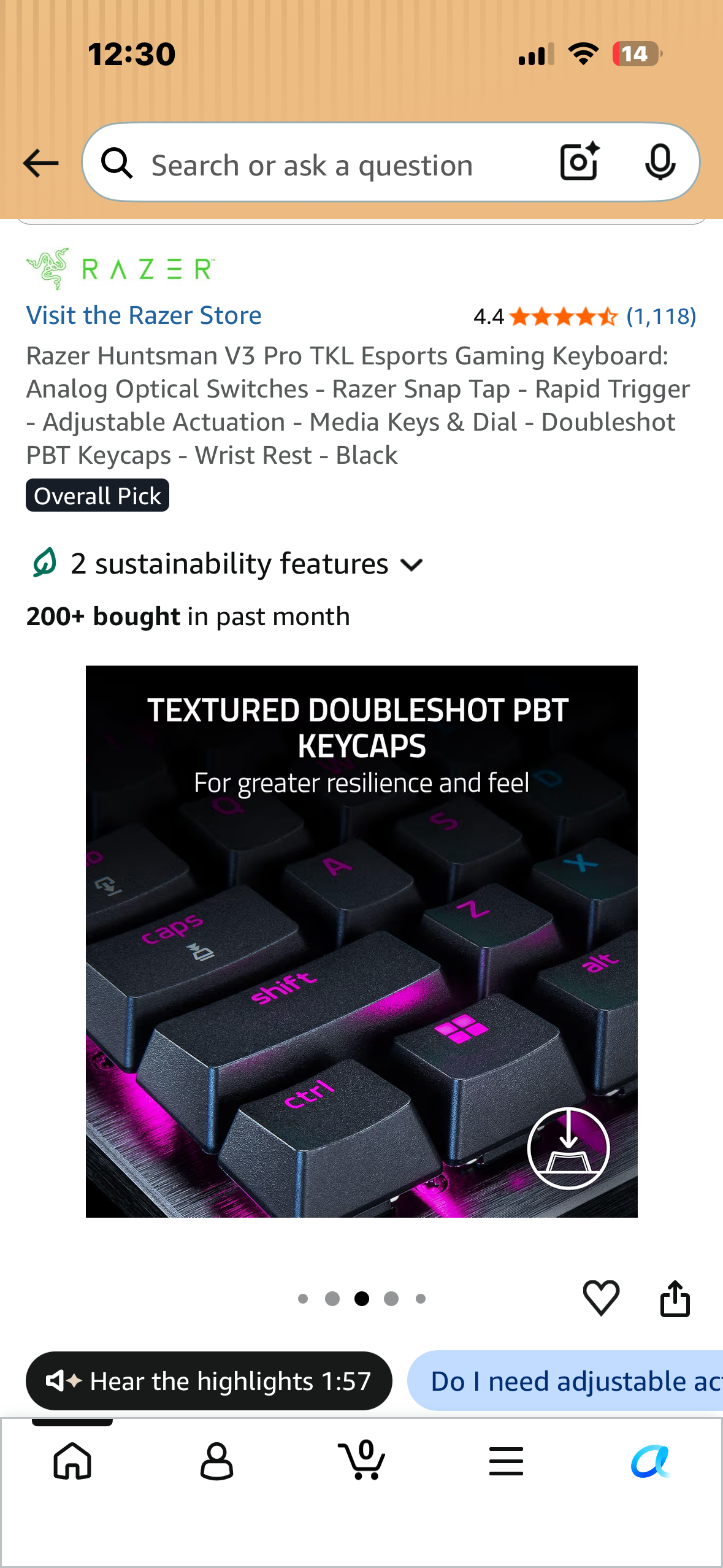 Razer Huntsman V3 Pro TKL Esports Gaming Keyboard: Analog Optical Switches - Razer Snap Tap - Rapid Trigger - Adjustable Actuation - Media Keys & Dial - Doubleshot PBT Keycaps - Wrist Rest - Black (Bin 99)