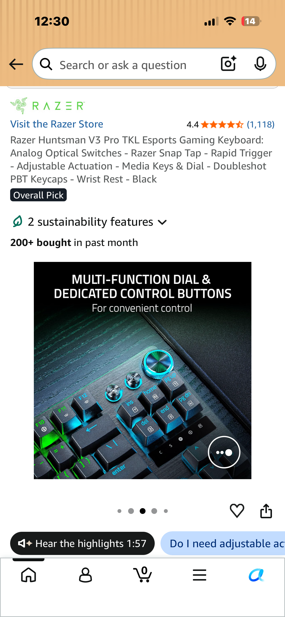 Razer Huntsman V3 Pro TKL Esports Gaming Keyboard: Analog Optical Switches - Razer Snap Tap - Rapid Trigger - Adjustable Actuation - Media Keys & Dial - Doubleshot PBT Keycaps - Wrist Rest - Black (Bin 99)