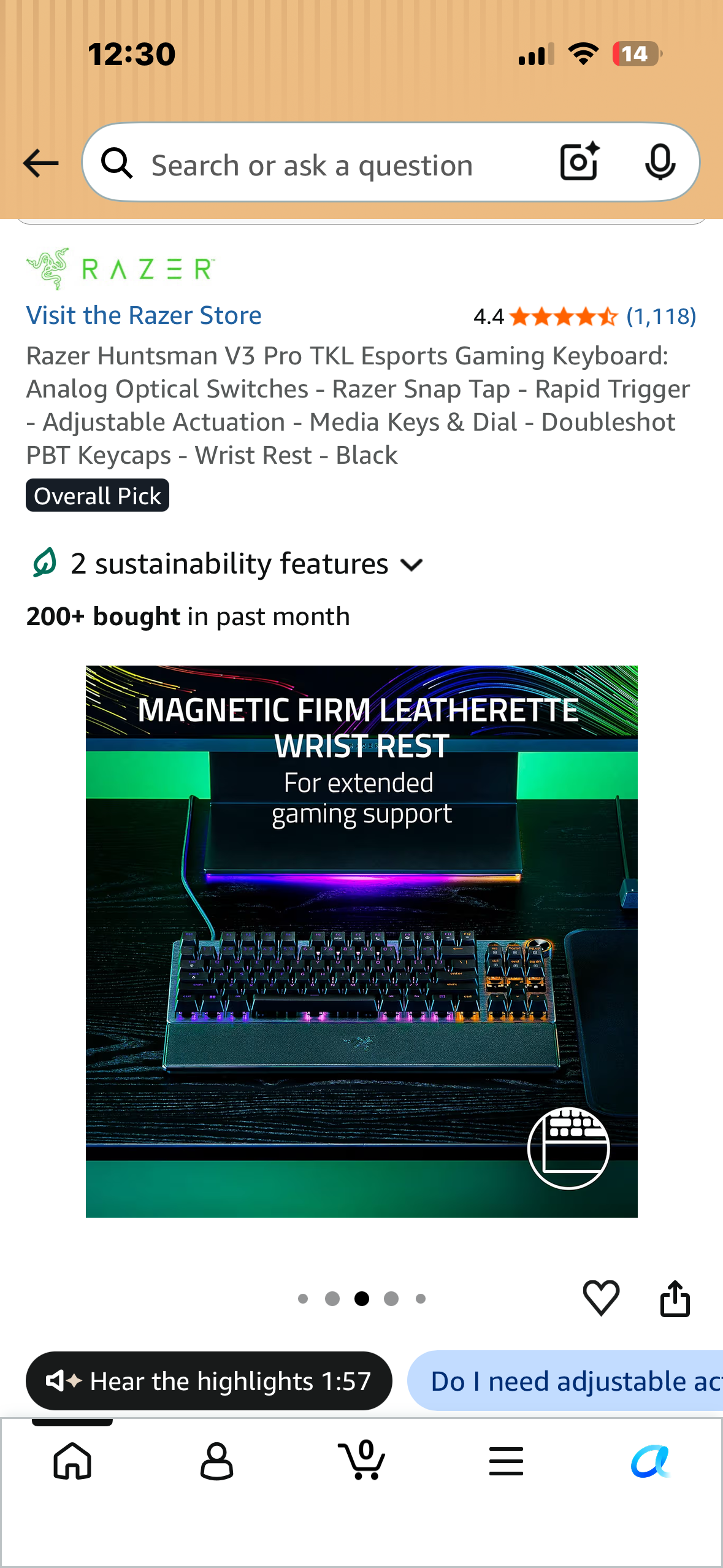 Razer Huntsman V3 Pro TKL Esports Gaming Keyboard: Analog Optical Switches - Razer Snap Tap - Rapid Trigger - Adjustable Actuation - Media Keys & Dial - Doubleshot PBT Keycaps - Wrist Rest - Black (Bin 99)