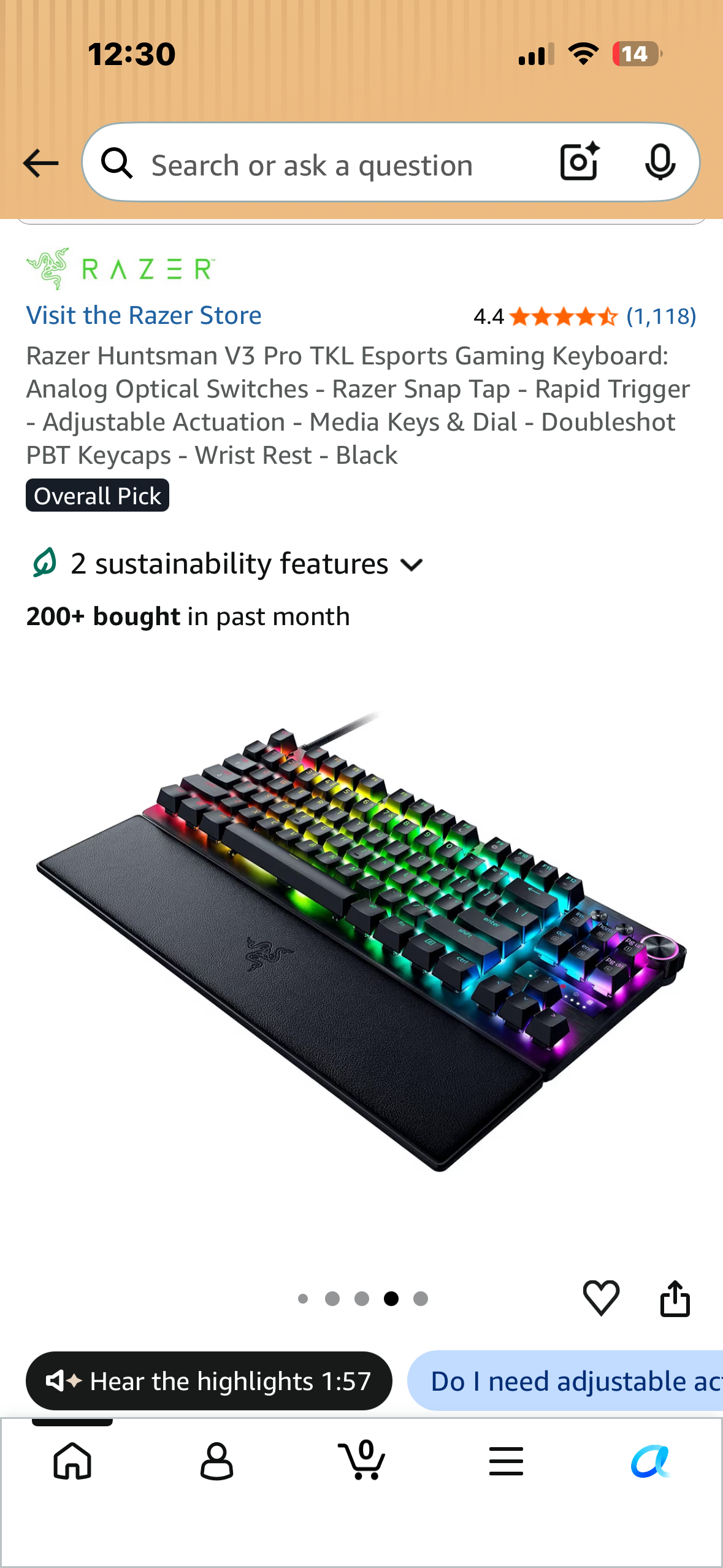 Razer Huntsman V3 Pro TKL Esports Gaming Keyboard: Analog Optical Switches - Razer Snap Tap - Rapid Trigger - Adjustable Actuation - Media Keys & Dial - Doubleshot PBT Keycaps - Wrist Rest - Black (Bin 99)