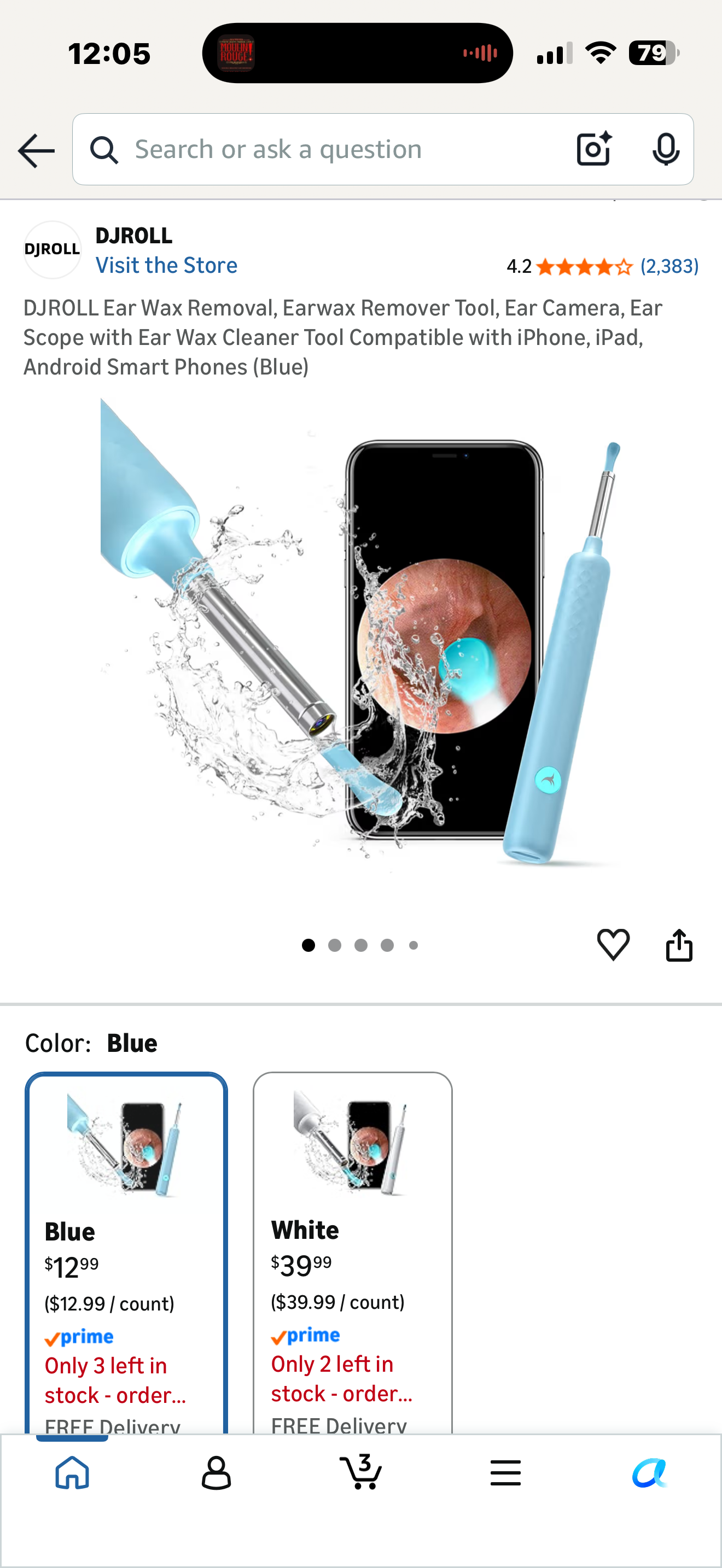 DJROLL Ear Wax Removal, Earwax Remover Tool, Ear Camera, Ear Scope with Ear Wax Cleaner Tool Compatible with iPhone, iPad, Android Smart Phones (Blue)