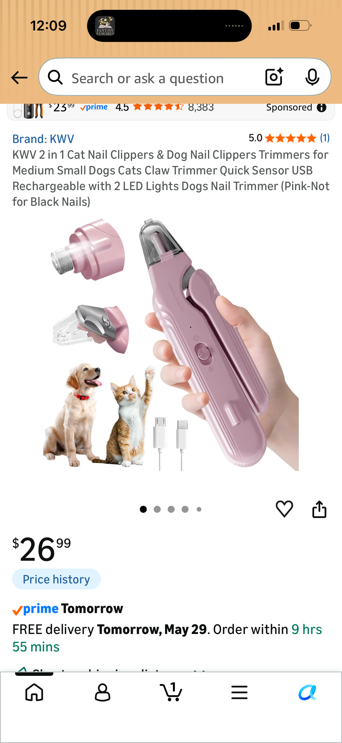 KWV 2 in 1 Cat Nail Clippers & Dog Nail Clippers Trimmers for Medium Small Dogs Cats Claw Trimmer Quick Sensor USB Rechargeable with 2 LED Lights Dogs Nail Trimmer (Pink-Not for Black Nails)