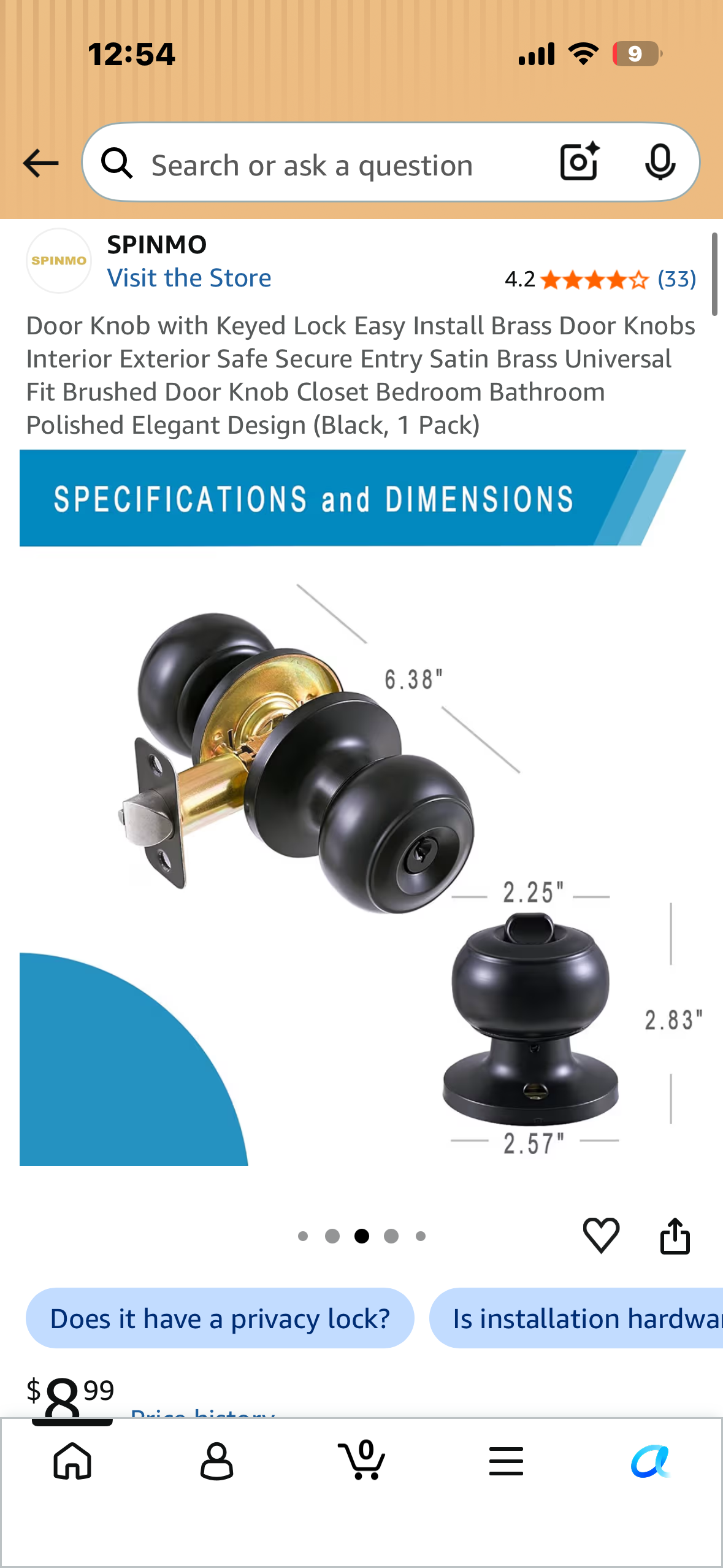 Door Knob with Keyed Lock, Easy Install Brass Door Knob, Interior, Exterior Safe Secure Entry, Satin Brass, Universal Fit Brushed Door Knob, Closet Bedroom, Bathroom, Ty Elegant Design (Black, 1 Pack)