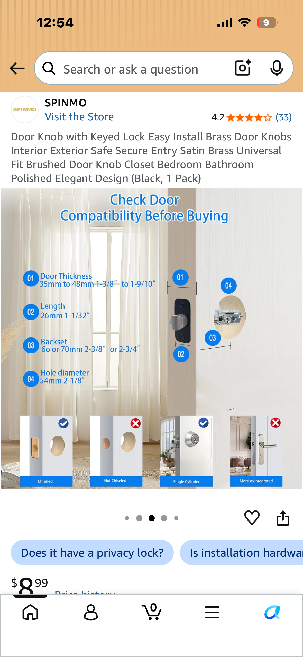 Door Knob with Keyed Lock, Easy Install Brass Door Knob, Interior, Exterior Safe Secure Entry, Satin Brass, Universal Fit Brushed Door Knob, Closet Bedroom, Bathroom, Ty Elegant Design (Black, 1 Pack)