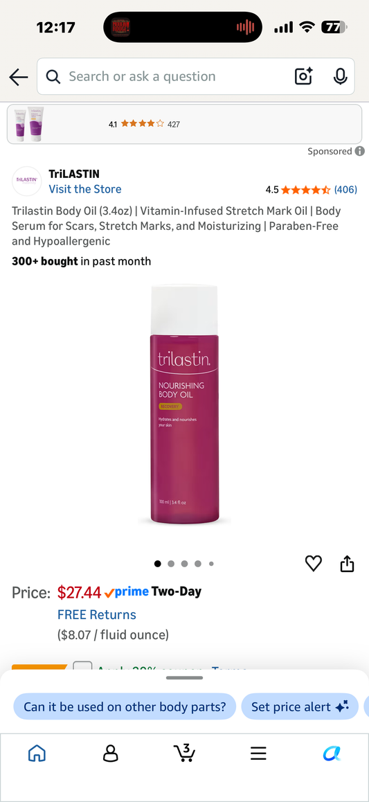 Trilastin Body Oil (3.4oz) | Vitamin-Infused Stretch Mark Oil | Body Serum for Scars, Stretch Marks, and Moisturizing | Paraben-Free and Hypoallergenic