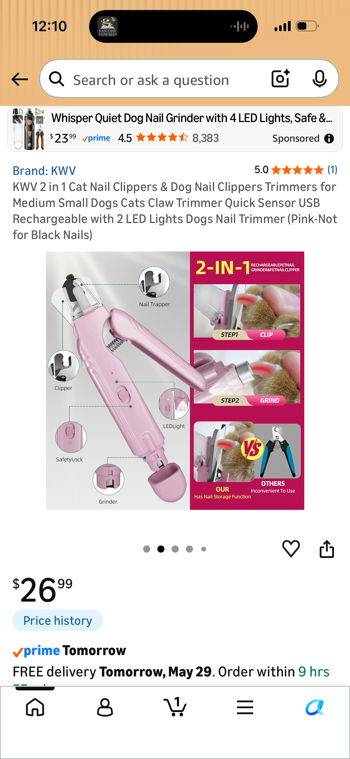KWV 2 in 1 Cat Nail Clippers & Dog Nail Clippers Trimmers for Medium Small Dogs Cats Claw Trimmer Quick Sensor USB Rechargeable with 2 LED Lights Dogs Nail Trimmer (Pink-Not for Black Nails)