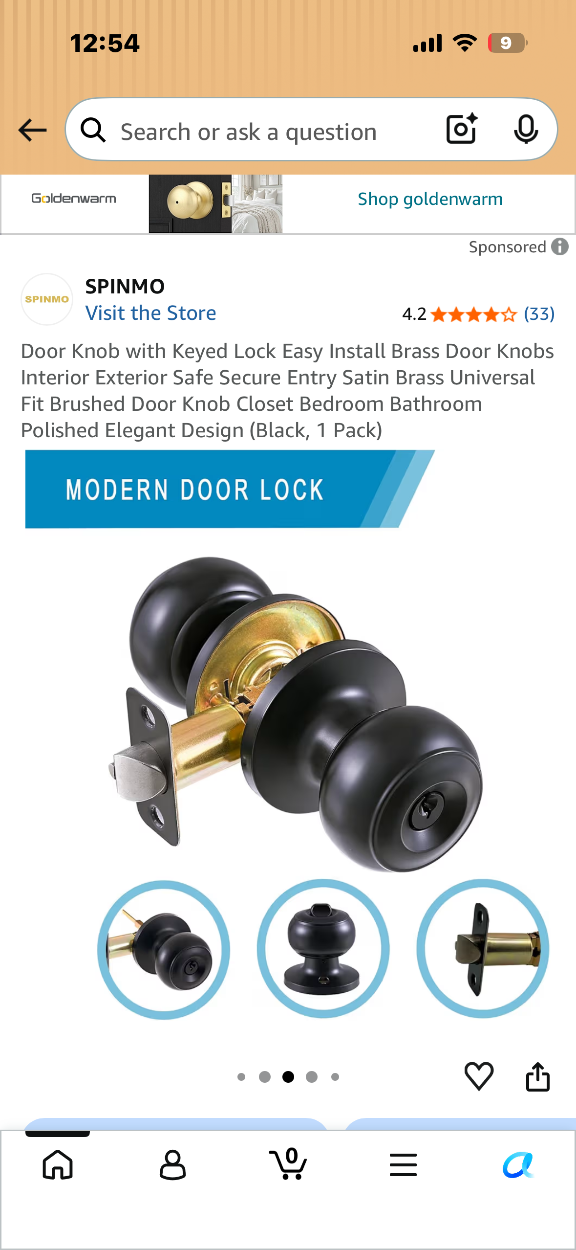 Door Knob with Keyed Lock, Easy Install Brass Door Knob, Interior, Exterior Safe Secure Entry, Satin Brass, Universal Fit Brushed Door Knob, Closet Bedroom, Bathroom, Ty Elegant Design (Black, 1 Pack)