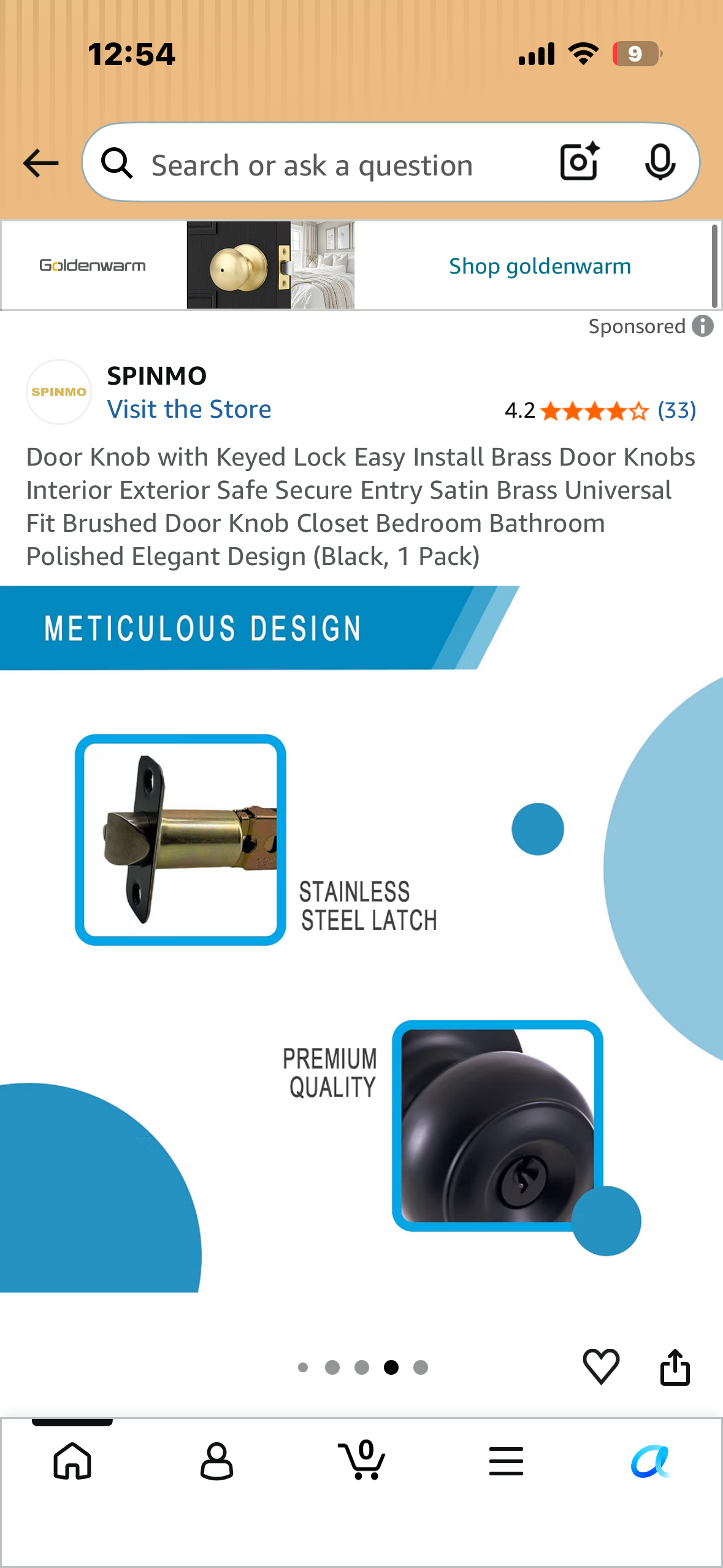 Door Knob with Keyed Lock, Easy Install Brass Door Knob, Interior, Exterior Safe Secure Entry, Satin Brass, Universal Fit Brushed Door Knob, Closet Bedroom, Bathroom, Ty Elegant Design (Black, 1 Pack)