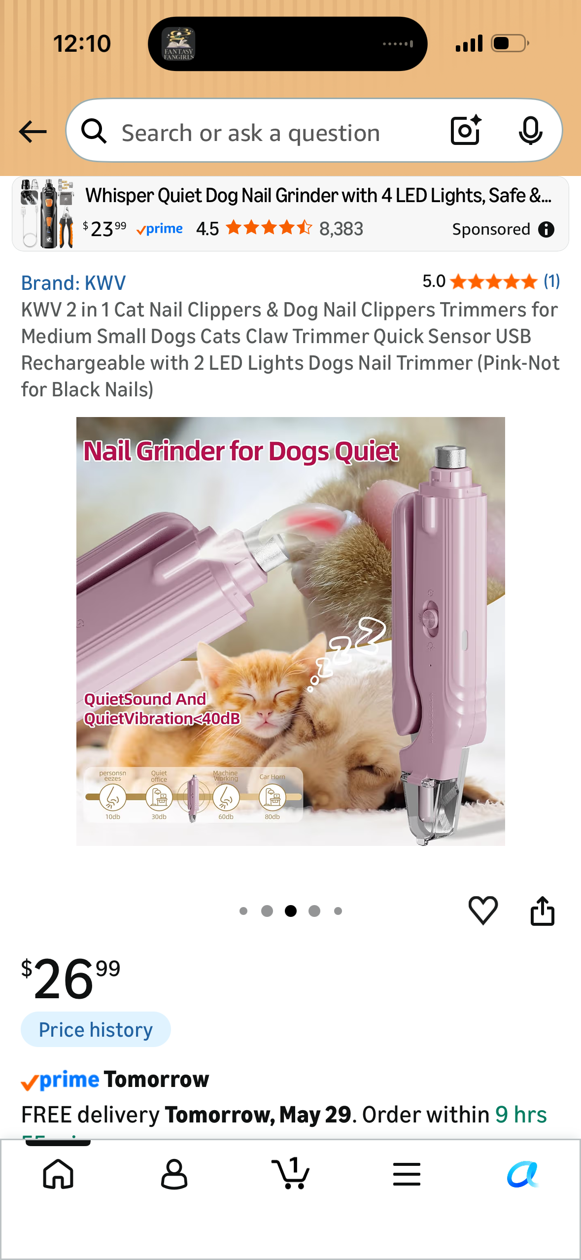KWV 2 in 1 Cat Nail Clippers & Dog Nail Clippers Trimmers for Medium Small Dogs Cats Claw Trimmer Quick Sensor USB Rechargeable with 2 LED Lights Dogs Nail Trimmer (Pink-Not for Black Nails)