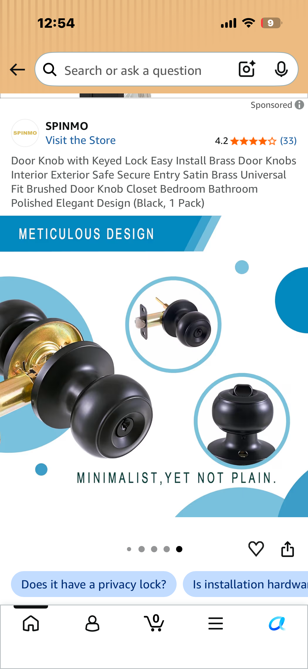 Door Knob with Keyed Lock, Easy Install Brass Door Knob, Interior, Exterior Safe Secure Entry, Satin Brass, Universal Fit Brushed Door Knob, Closet Bedroom, Bathroom, Ty Elegant Design (Black, 1 Pack)