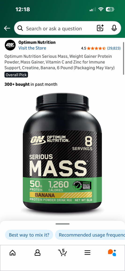 Optimum Nutrition Serious Mass, Weight Gainer Protein Powder, Mass Gainer, Vitamin C and Zinc for Immune Support, Creatine, Banana, 6 Pound
