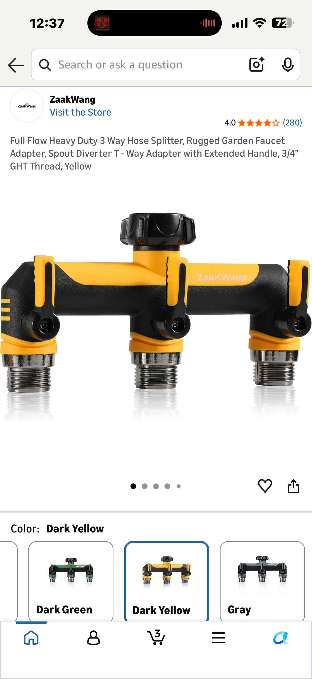 Full Flow Heavy Duty 3 Way Hose Splitter, Rugged Garden Faucet Adapter, Spout Diverter T - Way Adapter with Extended Handle, 3/4” GHT Thread, Yellow