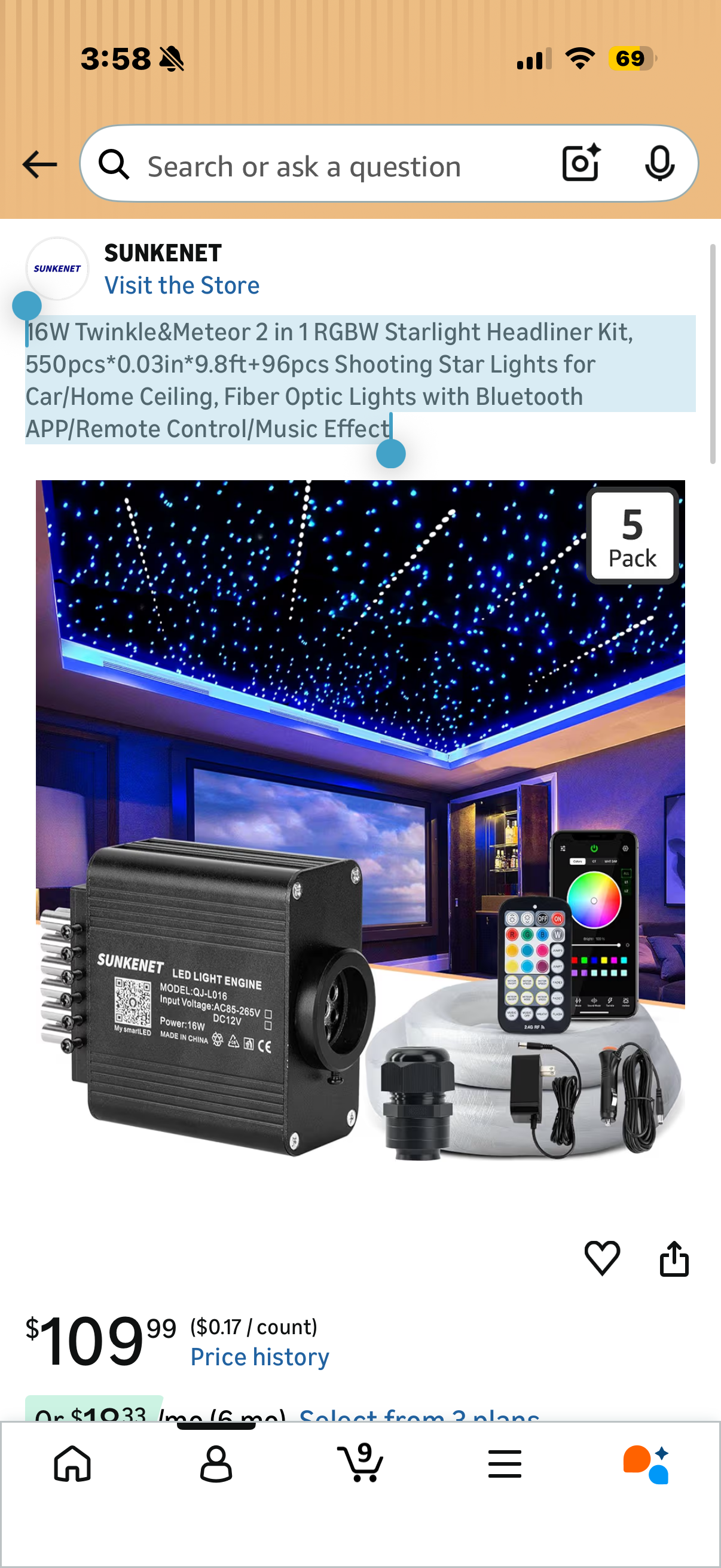 16W Twinkle&Meteor 2 in 1 RGBW Starlight Headliner Kit, 550pcs*0.03in*9.8ft+96pcs Shooting Star Lights for Car/Home Ceiling, Fiber Optic Lights with Bluetooth APP/Remote Control/Music Effect