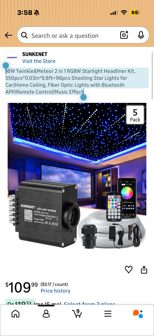 16W Twinkle&Meteor 2 in 1 RGBW Starlight Headliner Kit, 550pcs*0.03in*9.8ft+96pcs Shooting Star Lights for Car/Home Ceiling, Fiber Optic Lights with Bluetooth APP/Remote Control/Music Effect