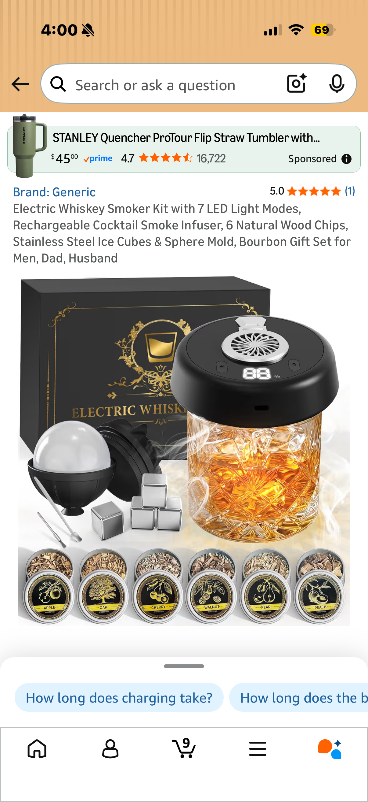 Electric Whiskey Smoker Kit with 7 LED Light Modes, Rechargeable Cocktail Smoke Infuser, 6 Natural Wood Chips, Stainless Steel Ice Cubes & Sphere Mold, Bourbon Gift Set for Men, Dad, Husband