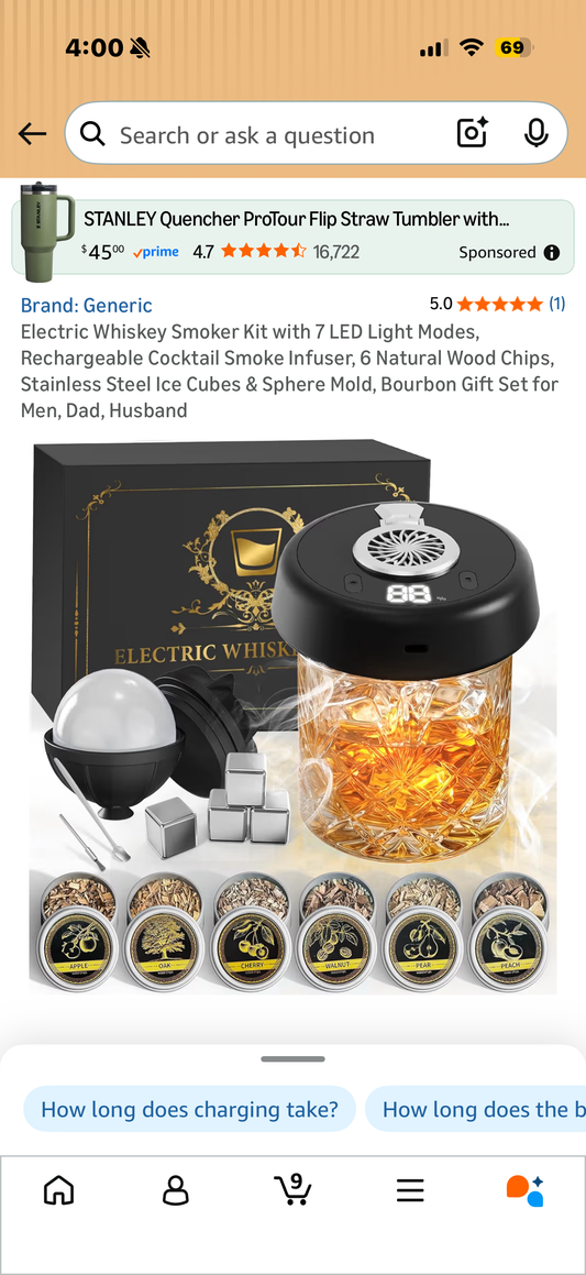 Electric Whiskey Smoker Kit with 7 LED Light Modes, Rechargeable Cocktail Smoke Infuser, 6 Natural Wood Chips, Stainless Steel Ice Cubes & Sphere Mold, Bourbon Gift Set for Men, Dad, Husband
