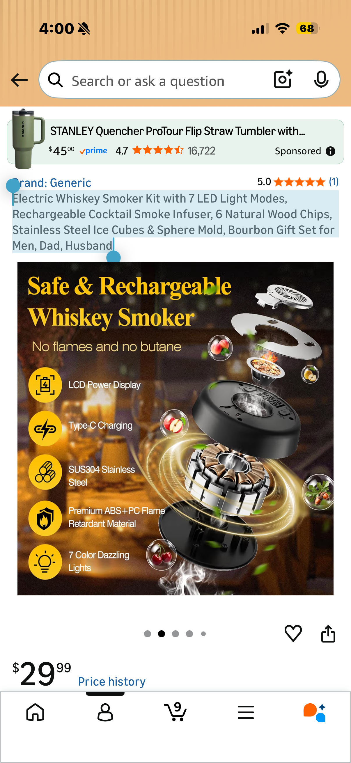 Electric Whiskey Smoker Kit with 7 LED Light Modes, Rechargeable Cocktail Smoke Infuser, 6 Natural Wood Chips, Stainless Steel Ice Cubes & Sphere Mold, Bourbon Gift Set for Men, Dad, Husband