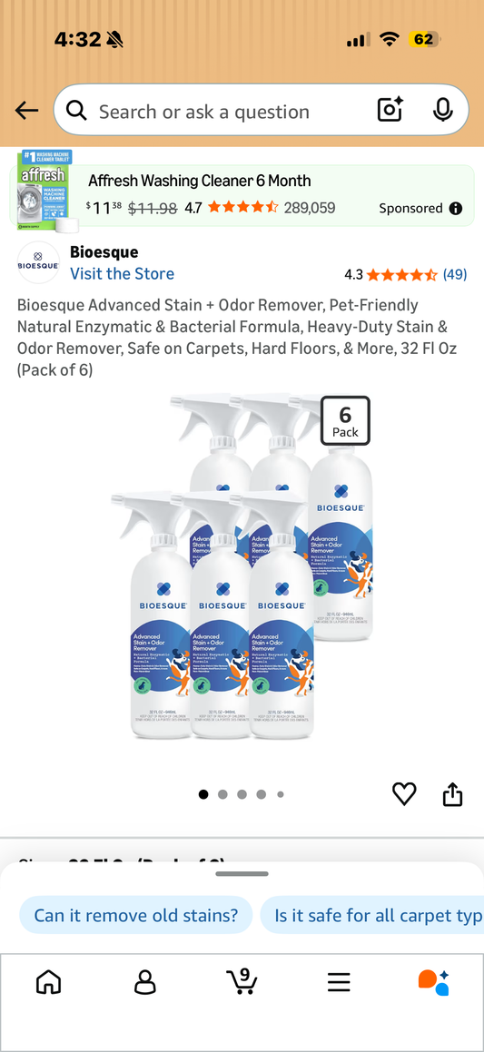 Bioesque Advanced Stain + Odor Remover, Pet-Friendly Natural Enzymatic & Bacterial Formula, Heavy-Duty Stain & Odor Remover, Safe on Carpets, Hard Floors, & More, 32 Fl Oz (Pack of 6)