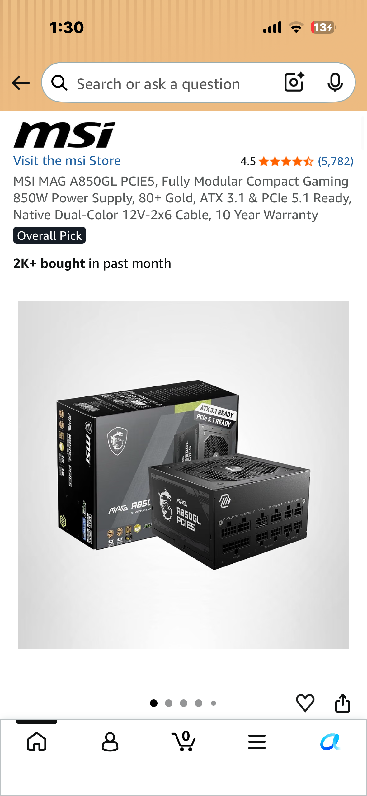 MSI MAG A850GL PCIE5, Fully Modular Compact Gaming 850W Power Supply, 80+ Gold, ATX 3.1 & PCle 5.1 Ready, Native Dual-Color 12V-2x6 Cable