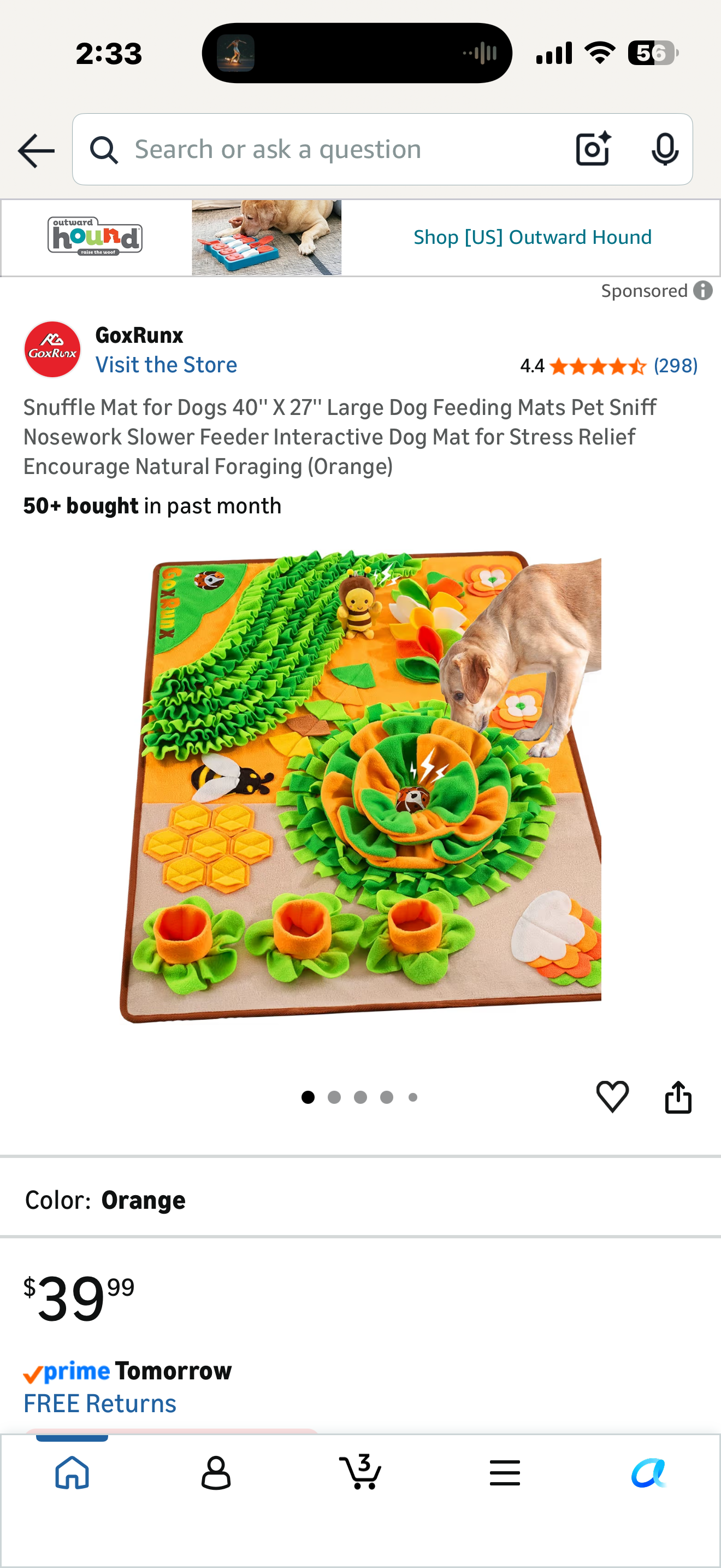 Snuffle Mat for Dogs 40'' X 27'' Large Dog Feeding Mats Pet Sniff Nosework Slower Feeder Interactive Dog Mat for Stress Relief Encourage Natural Foraging (Orange