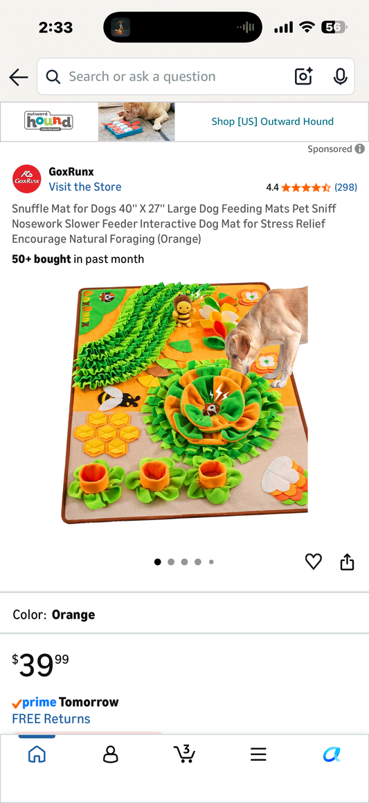 Snuffle Mat for Dogs 40'' X 27'' Large Dog Feeding Mats Pet Sniff Nosework Slower Feeder Interactive Dog Mat for Stress Relief Encourage Natural Foraging (Orange