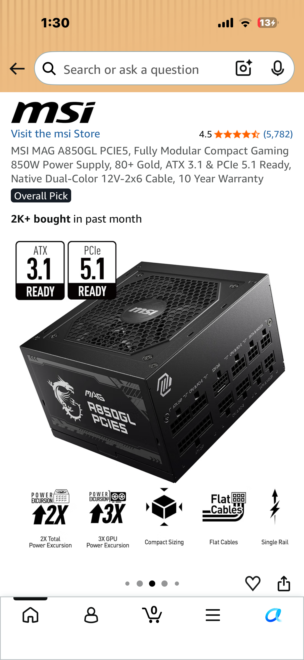 MSI MAG A850GL PCIE5, Fully Modular Compact Gaming 850W Power Supply, 80+ Gold, ATX 3.1 & PCle 5.1 Ready, Native Dual-Color 12V-2x6 Cable