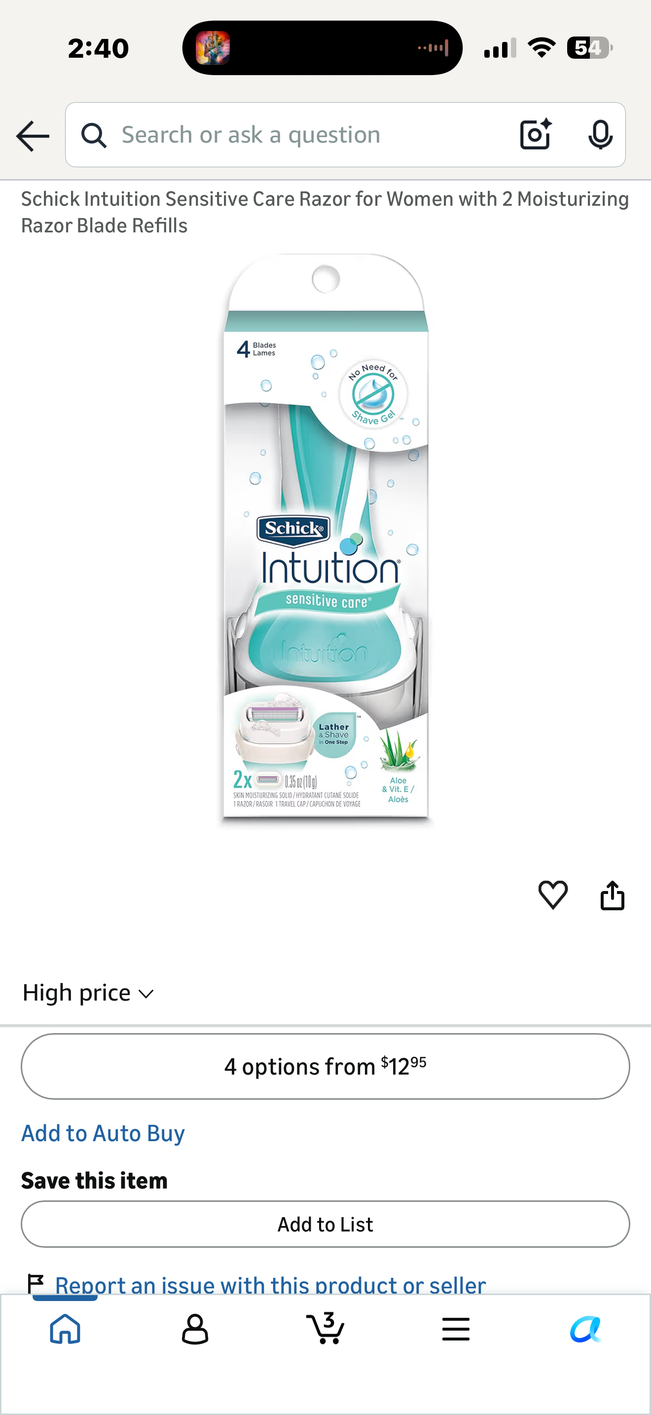 Schick Intuition Sensitive Care Razor for Women with 2 Moisturizing Razor Blade Refills