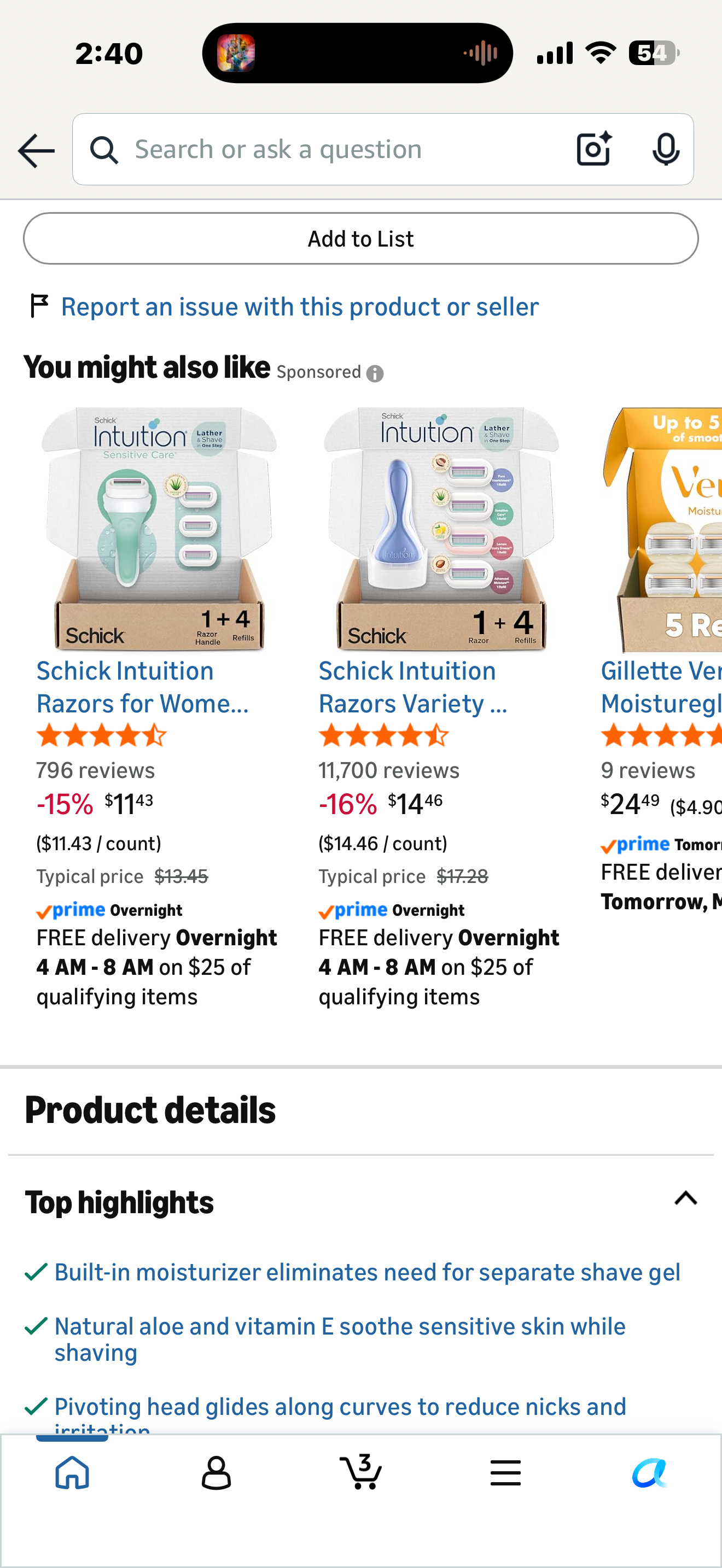 Schick Intuition Sensitive Care Razor for Women with 2 Moisturizing Razor Blade Refills