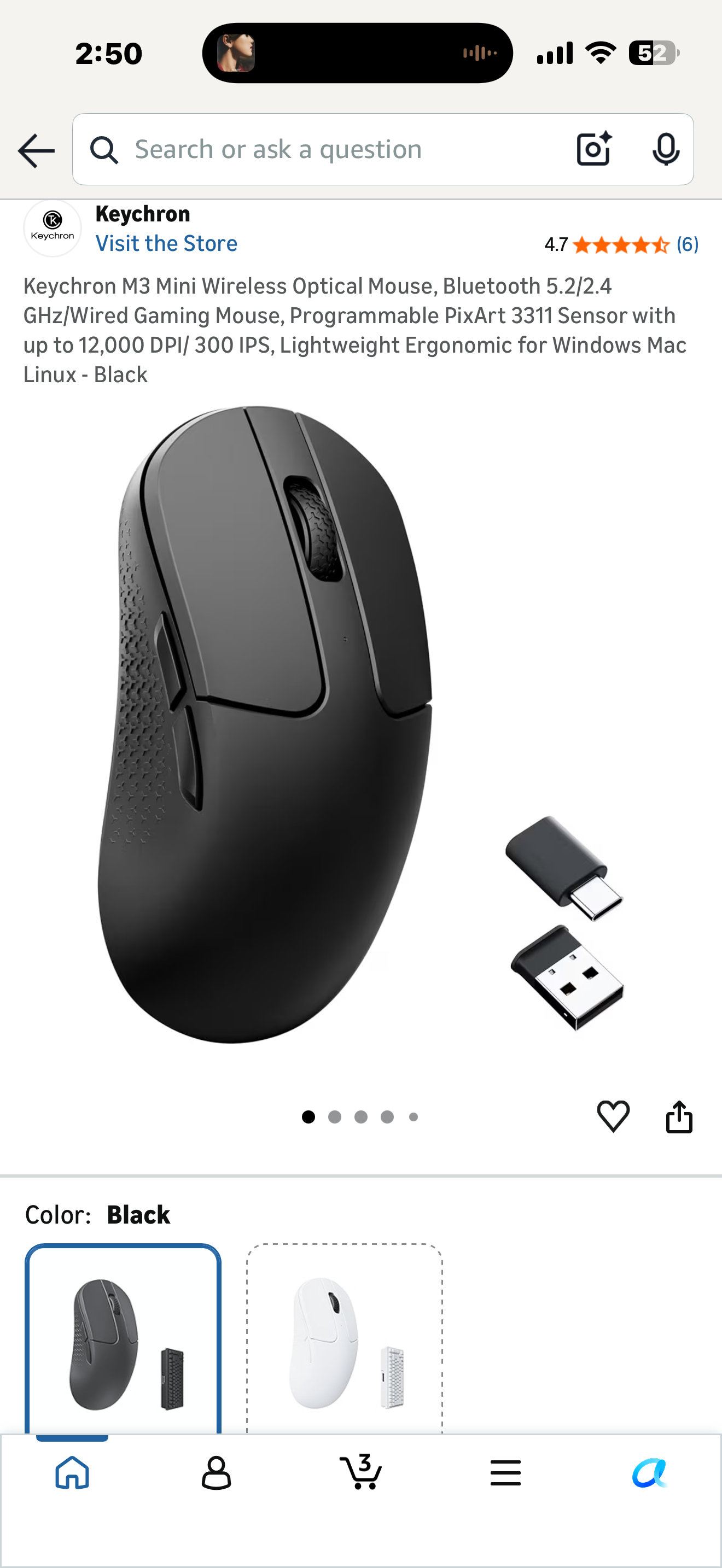 Keychron M3 Mini Wireless Optical Mouse, Bluetooth 5.2/2.4 GHz/Wired Gaming Mouse, Programmable PixArt 3311 Sensor with up to 12,000 DPI/ 300 IPS, Lightweight Ergonomic for Windows Mac Linux - Black (Copy)