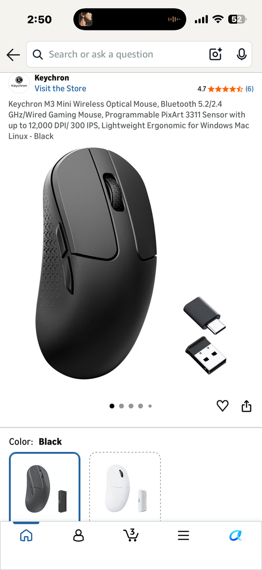 Keychron M3 Mini Wireless Optical Mouse, Bluetooth 5.2/2.4 GHz/Wired Gaming Mouse, Programmable PixArt 3311 Sensor with up to 12,000 DPI/ 300 IPS, Lightweight Ergonomic for Windows Mac Linux - Black