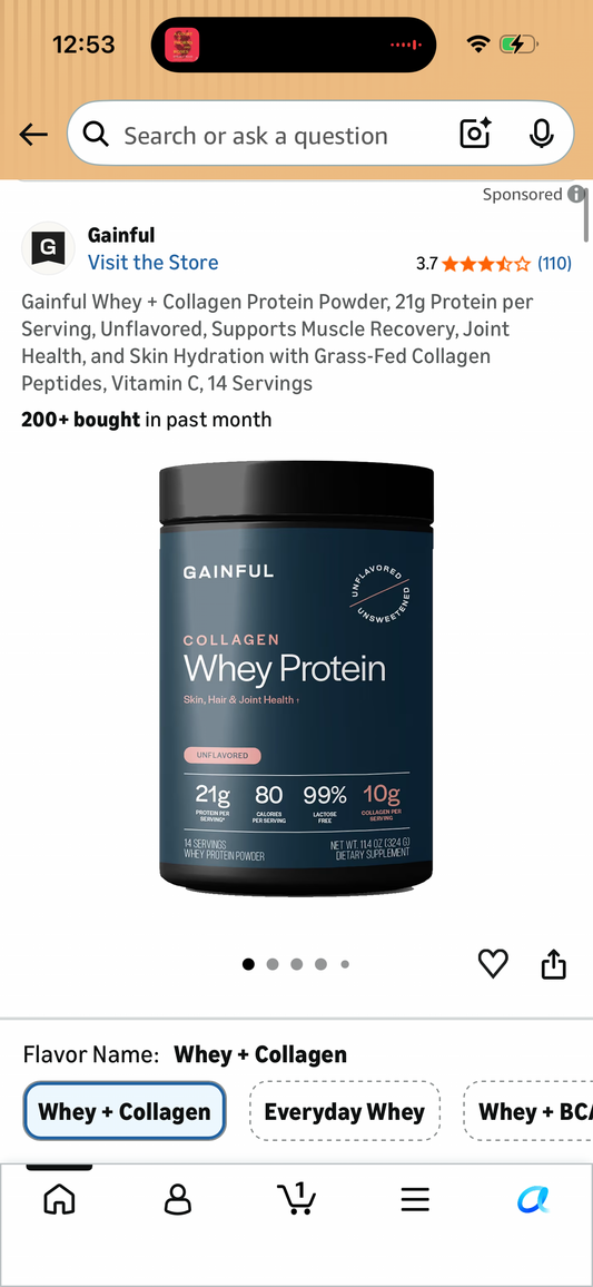 Gainful Whey + Collagen Protein Powder, 21g Protein per Serving, Unflavored, Supports Muscle Recovery, Joint Health, and Skin Hydration with Grass-Fed Collagen Peptides, Vitamin C, 14 Servings