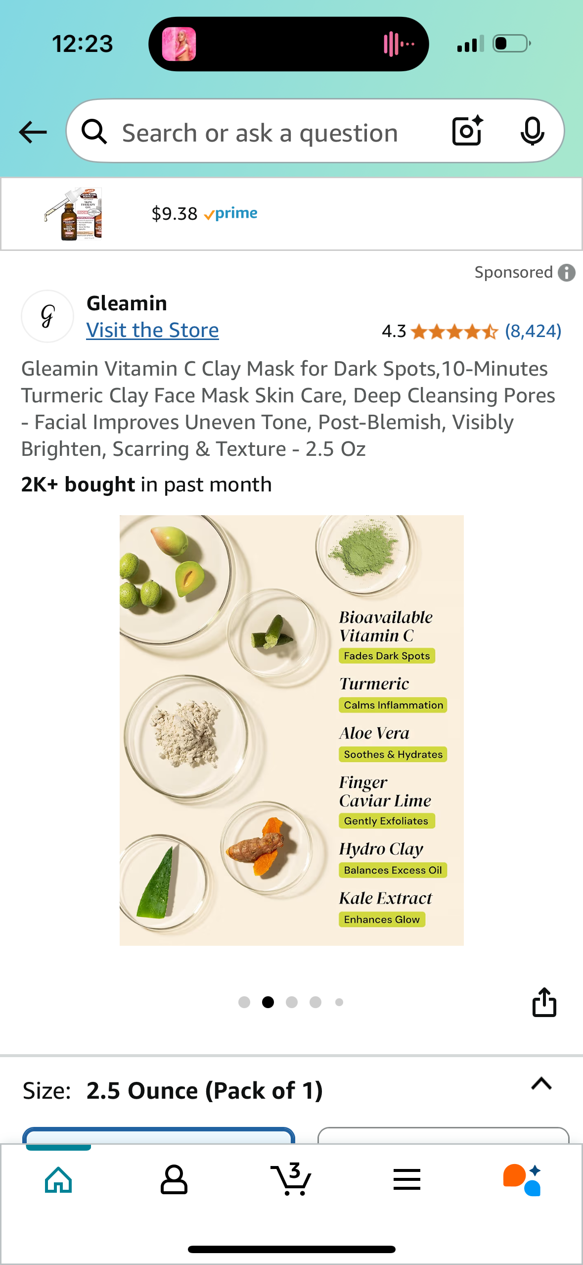 Gleamin Vitamin C Clay Mask for Dark Spots,10-Minutes Turmeric Clay Face Mask Skin Care, Deep Cleansing Pores - Facial Improves Uneven Tone, Post-Blemish, Visibly Brighten, Scarring & Texture - 2.5 Oz