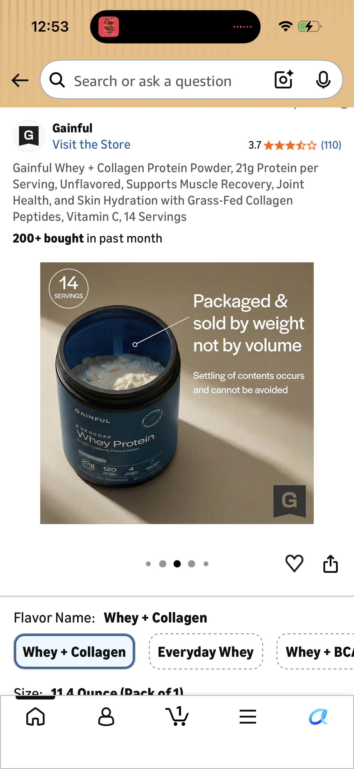 Gainful Whey + Collagen Protein Powder, 21g Protein per Serving, Unflavored, Supports Muscle Recovery, Joint Health, and Skin Hydration with Grass-Fed Collagen Peptides, Vitamin C, 14 Servings