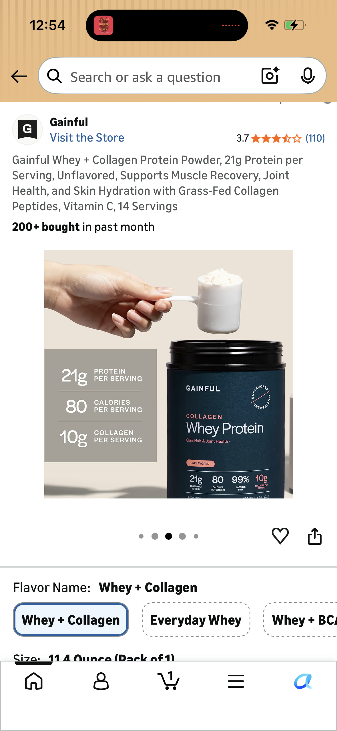 Gainful Whey + Collagen Protein Powder, 21g Protein per Serving, Unflavored, Supports Muscle Recovery, Joint Health, and Skin Hydration with Grass-Fed Collagen Peptides, Vitamin C, 14 Servings