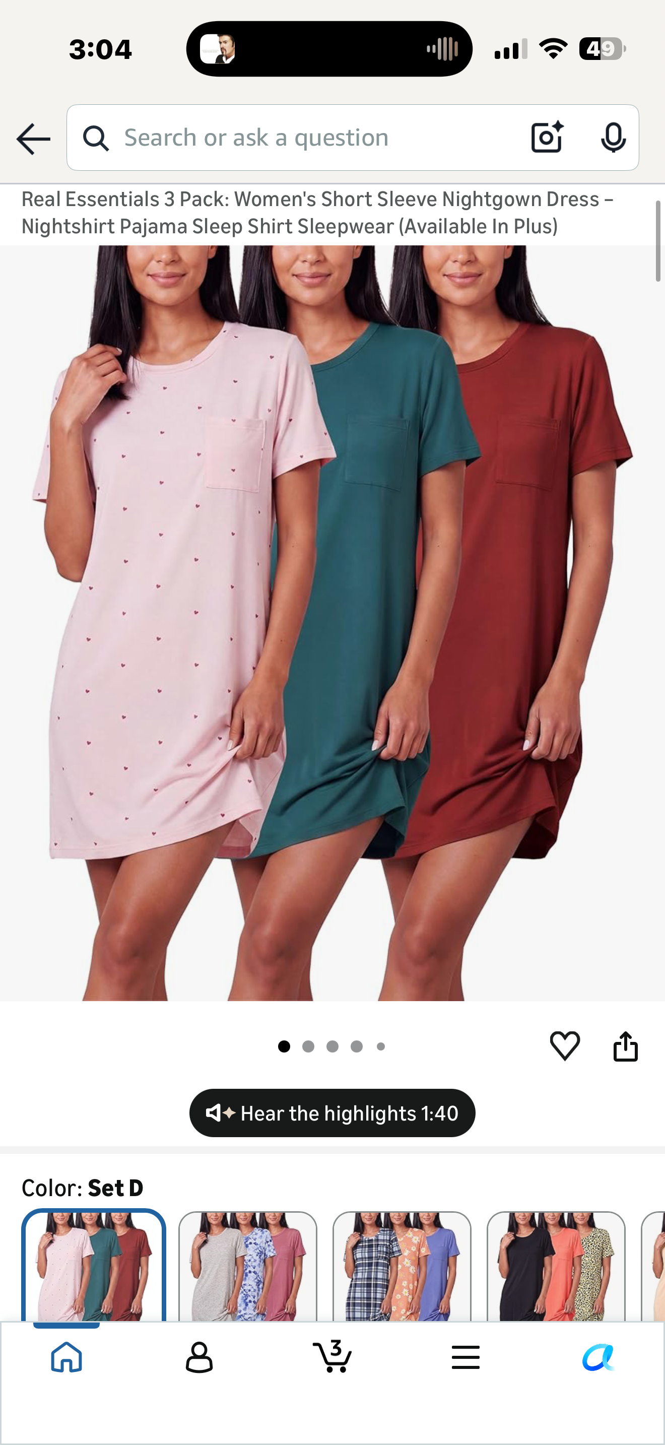 Real Essentials (Pack of 3 Women's Short Sleeve Henley Nightshirt Soft Nightgown Moo Moos Gowns Sleepwear Lingerie Lounge Adults PJs Sleeping oversized cotton (Size Large)