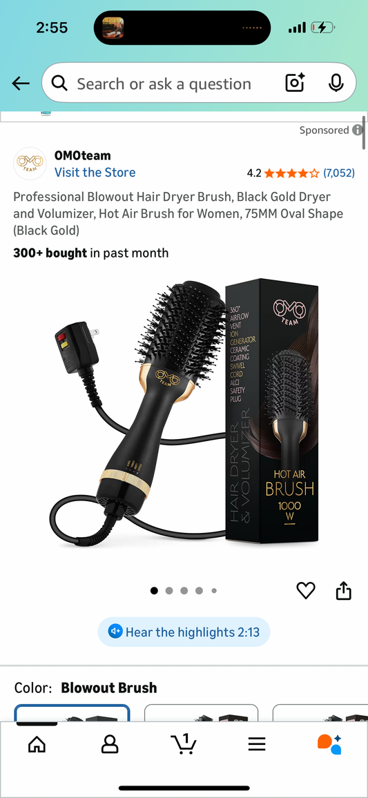 Professional Blowout Hair Dryer Brush, Black Gold Dryer and Volumizer, Hot Air Brush for Women, 75MM Oval Shape (Black Gold)