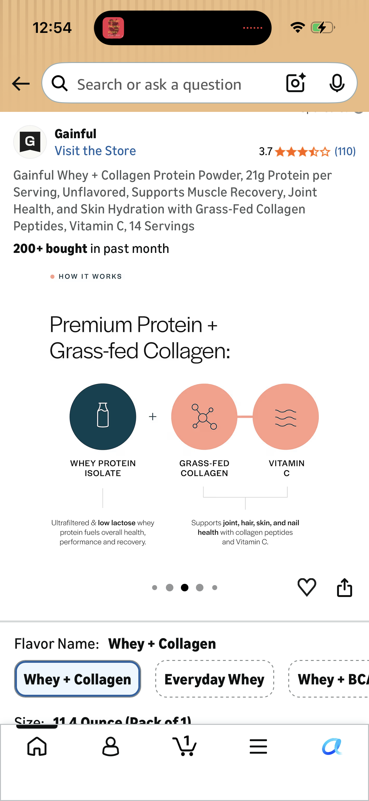 Gainful Whey + Collagen Protein Powder, 21g Protein per Serving, Unflavored, Supports Muscle Recovery, Joint Health, and Skin Hydration with Grass-Fed Collagen Peptides, Vitamin C, 14 Servings