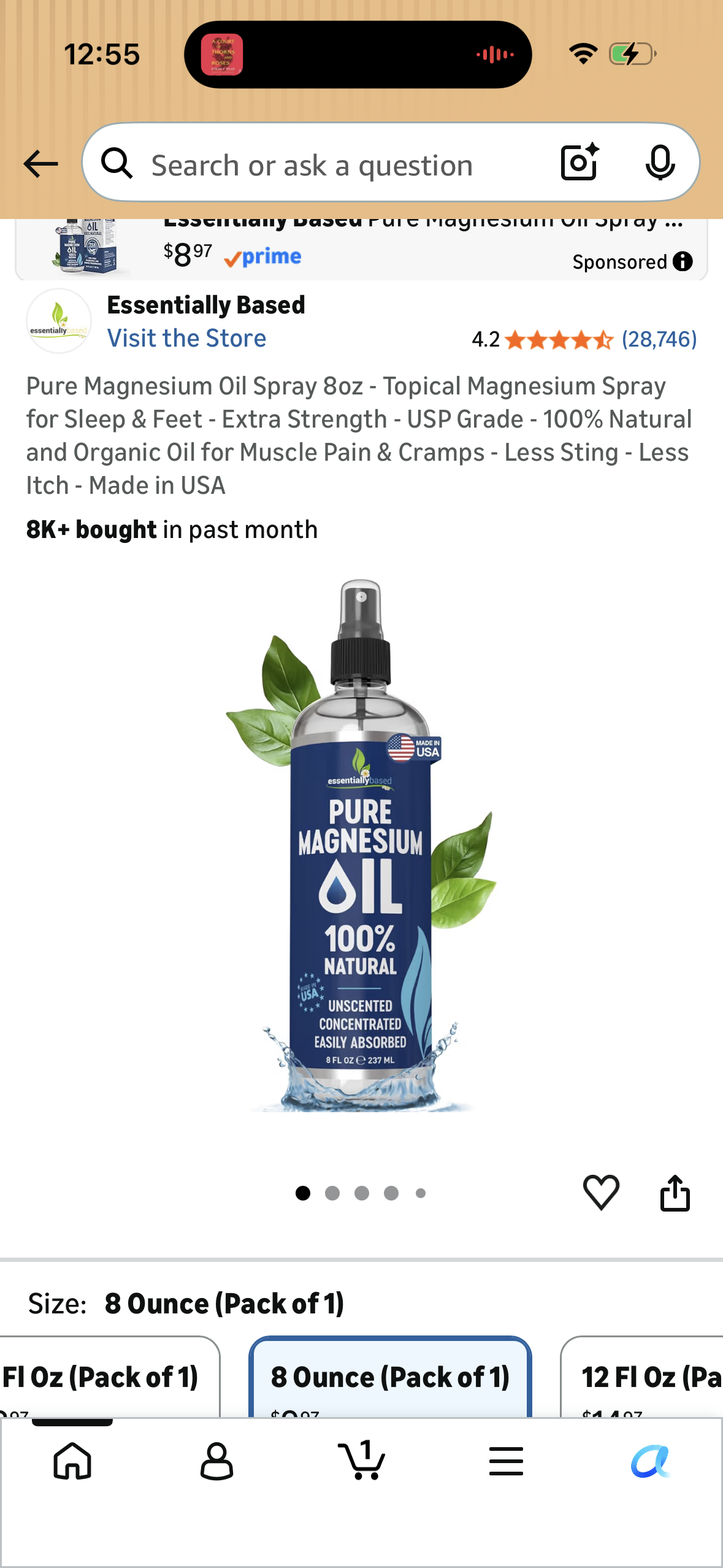 Pure Magnesium Oil Spray 8oz - Topical Magnesium Spray for Sleep & Feet - Extra Strength - USP Grade - 100% Natural and Organic Oil for Muscle Pain & Cramps - Less Sting - Less Itch - Made in USA