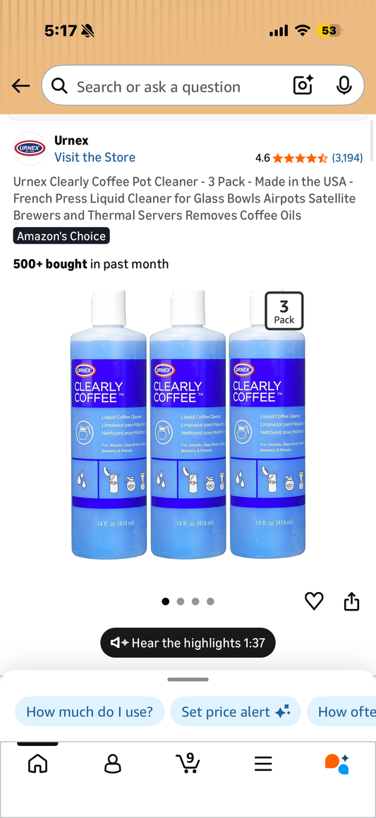 Urnex Clearly Coffee Pot Cleaner - 3 Pack - Made in the USA - French Press Liquid Cleaner for Glass Bowls Airpots Satellite Brewers and Thermal Servers Removes Coffee Oils