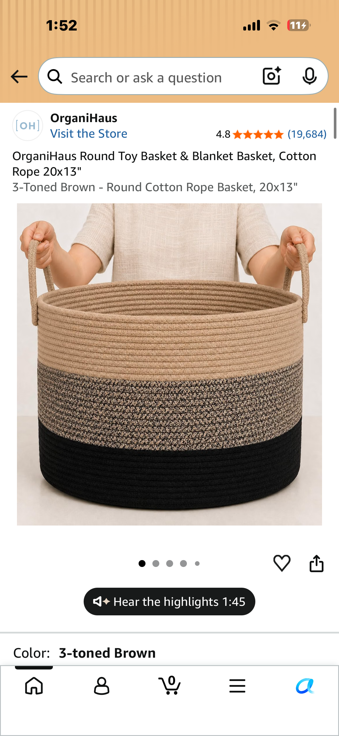 OrganiHaus Round Toy Basket & Blanket Basket, Cotton Rope 20x13" 3-Toned Brown - Round Cotton Rope Basket, 20x13"