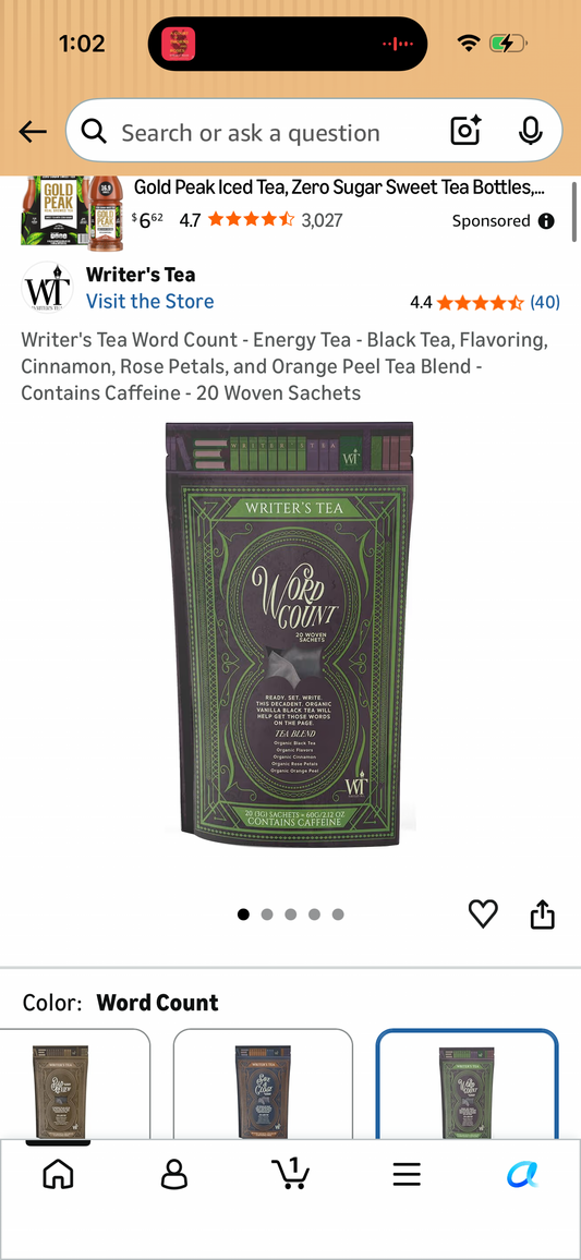 Writer's Tea Word Count - Energy Tea - Black Tea, Flavoring, Cinnamon, Rose Petals, and Orange Peel Tea Blend - Contains Caffeine - 20 Woven Sachets