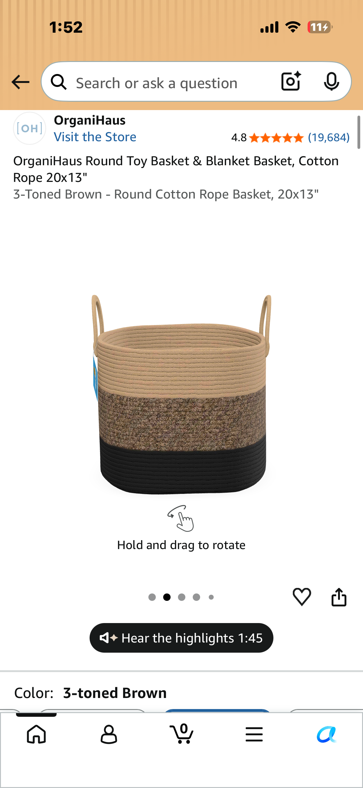 OrganiHaus Round Toy Basket & Blanket Basket, Cotton Rope 20x13" 3-Toned Brown - Round Cotton Rope Basket, 20x13"