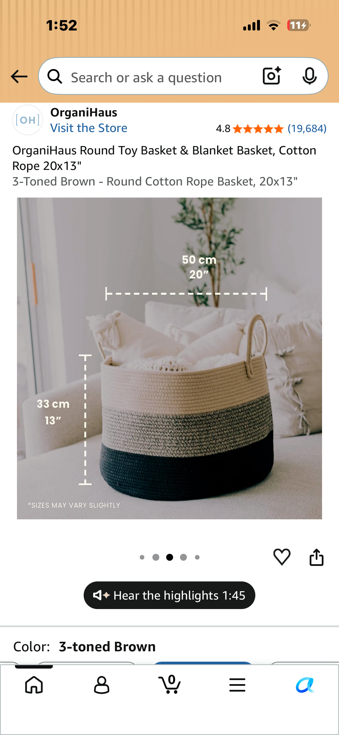 OrganiHaus Round Toy Basket & Blanket Basket, Cotton Rope 20x13" 3-Toned Brown - Round Cotton Rope Basket, 20x13"