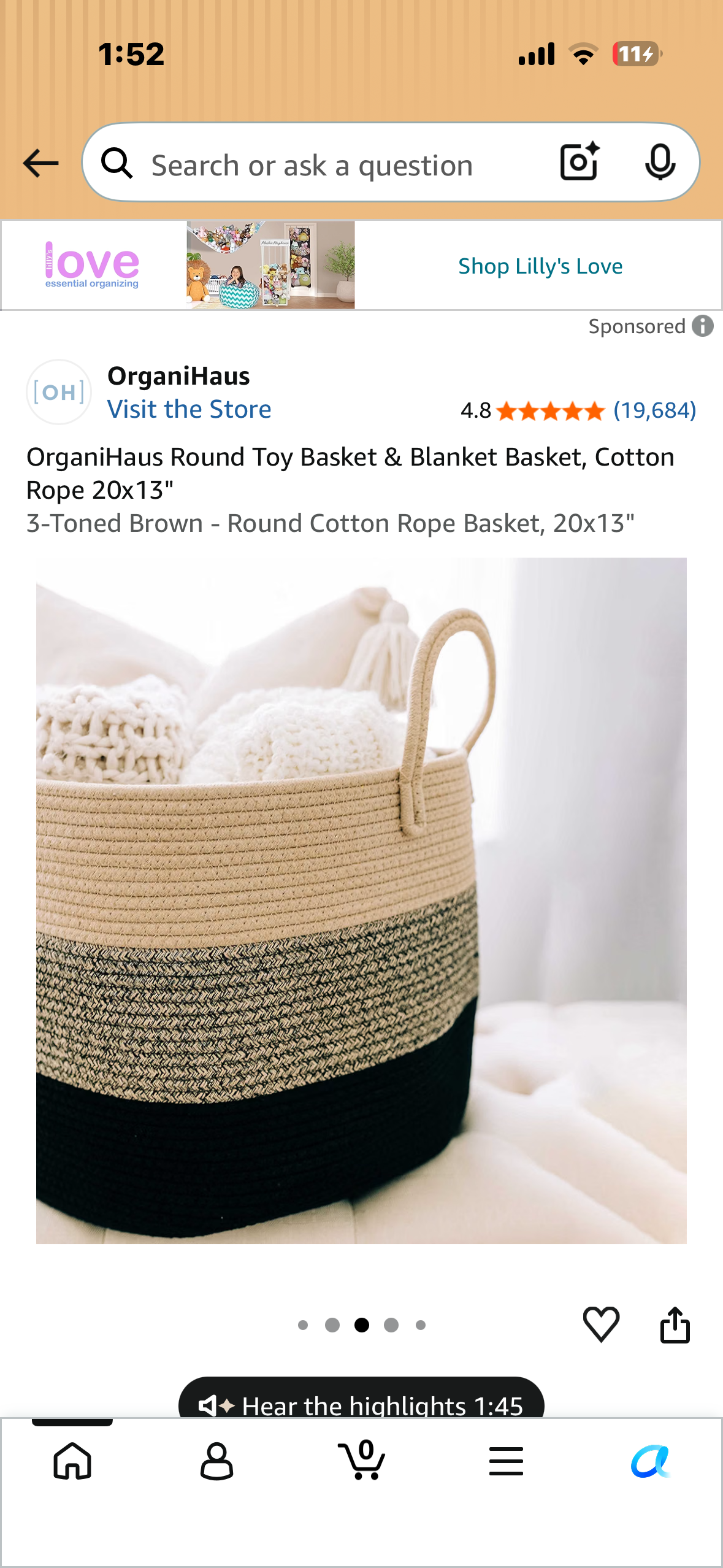 OrganiHaus Round Toy Basket & Blanket Basket, Cotton Rope 20x13" 3-Toned Brown - Round Cotton Rope Basket, 20x13"