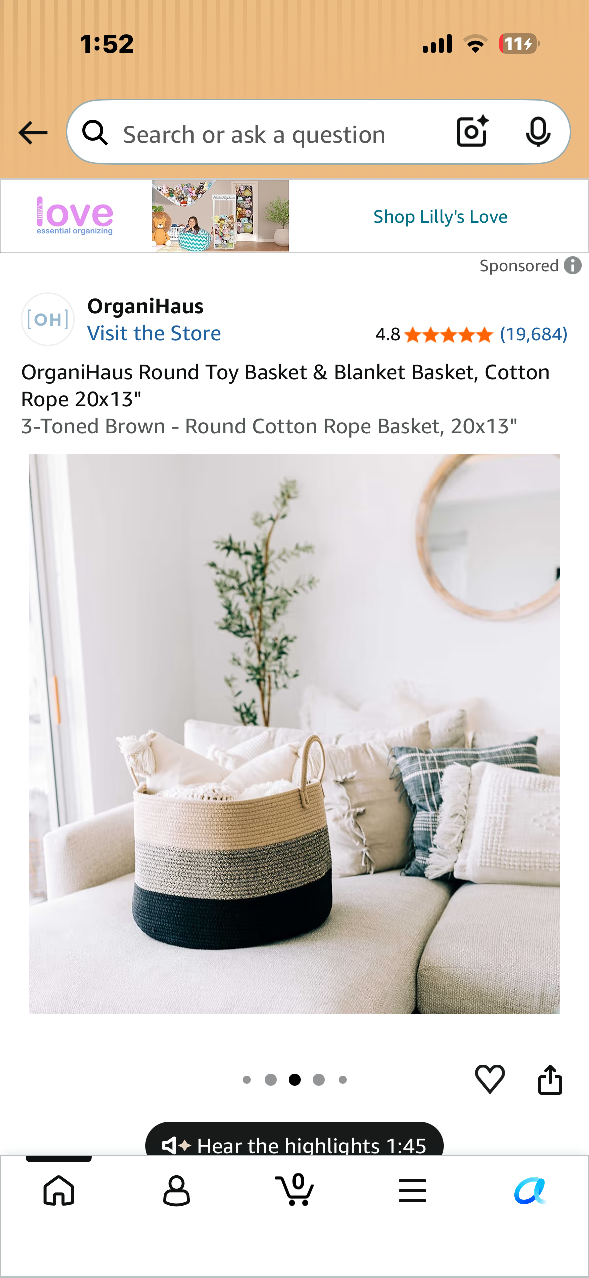 OrganiHaus Round Toy Basket & Blanket Basket, Cotton Rope 20x13" 3-Toned Brown - Round Cotton Rope Basket, 20x13"