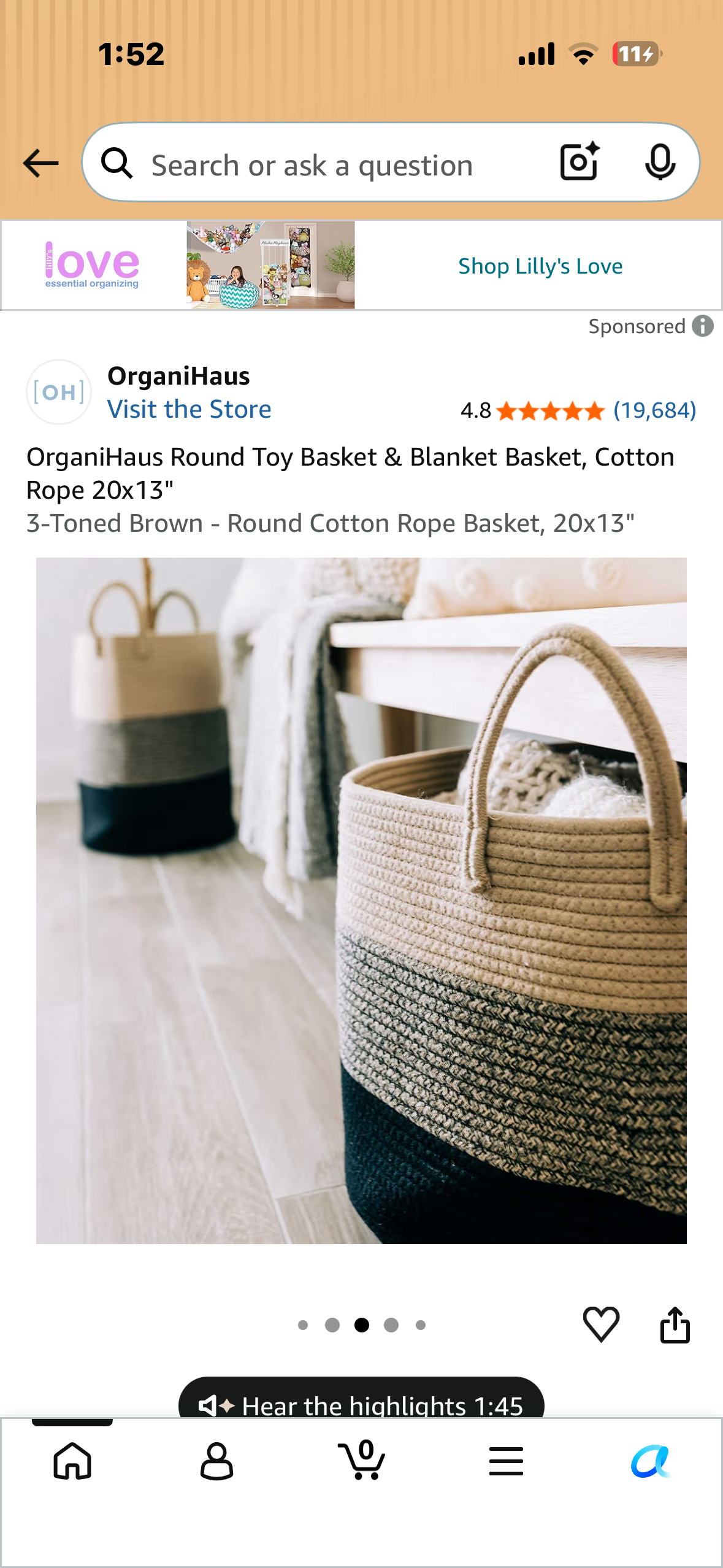 OrganiHaus Round Toy Basket & Blanket Basket, Cotton Rope 20x13" 3-Toned Brown - Round Cotton Rope Basket, 20x13"